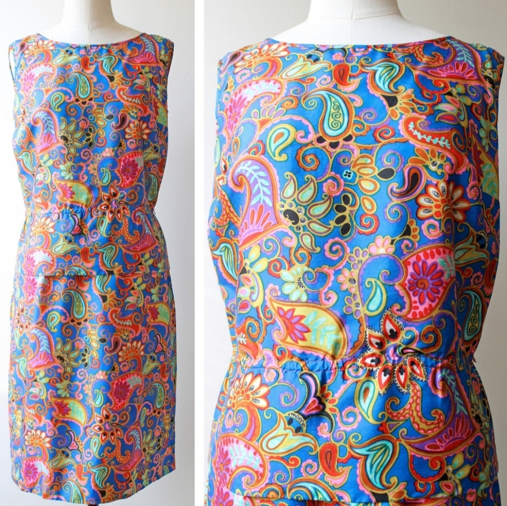 🌼 Vintage 1960s silk multicolour paisley printed peplum dress